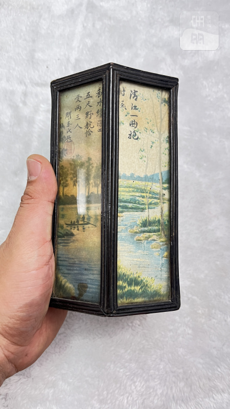 木胎玻璃画山水诗文六方笔筒 - 图2